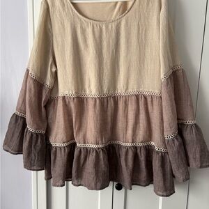Indigo Blue XL Women's Cream Brown Tiered Top Blouse Lagenlook Boho Flowy Soft